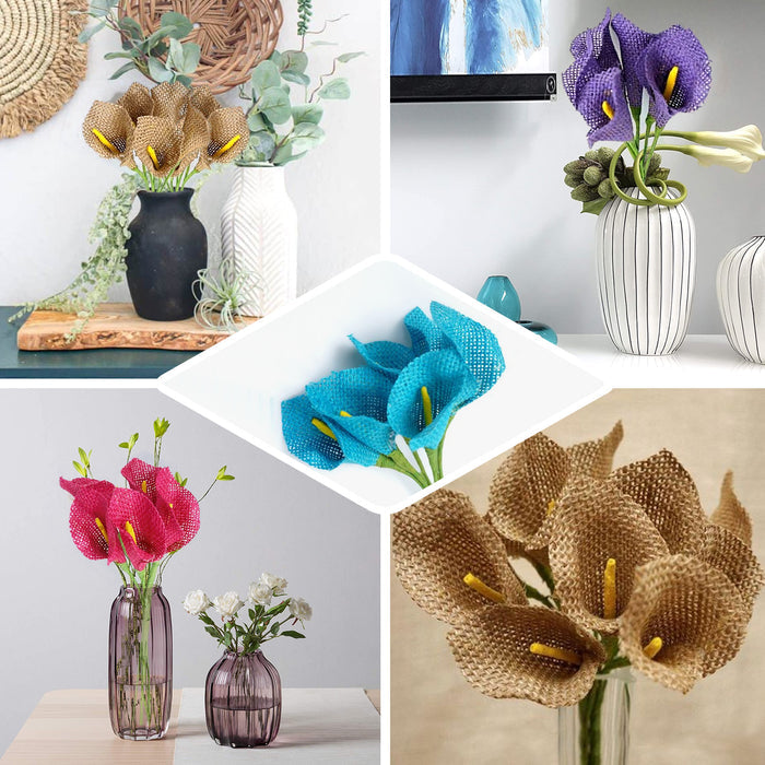 Fuchsia artificial burlap calla lilies in various arrangements.