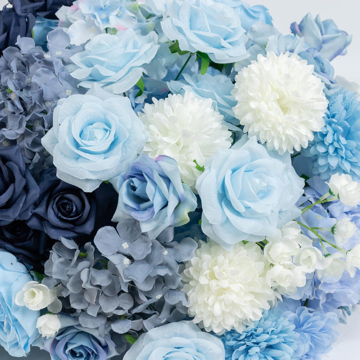 24" Pre-Arranged Silk Floral Centerpiece in Mixed Blue & White - Artificial Rose, Hydrangea & Chrysa