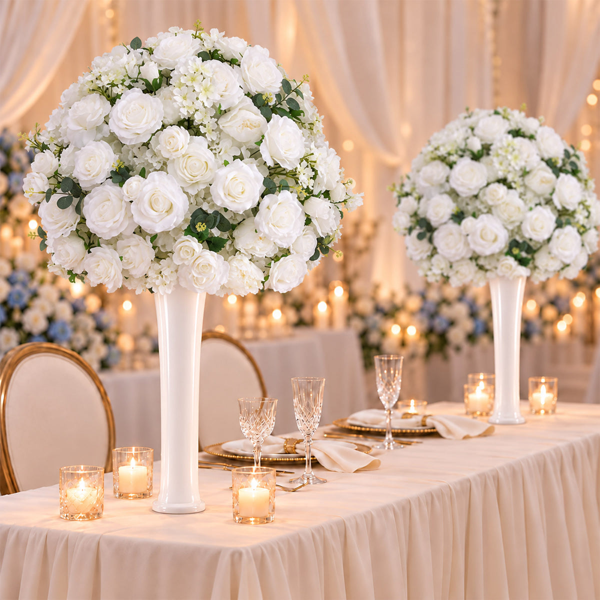Pre-Arranged Silk Flower Grand Centerpiece in Mixed White – 30" Artificial Rose, Hydrangea & Chrysan