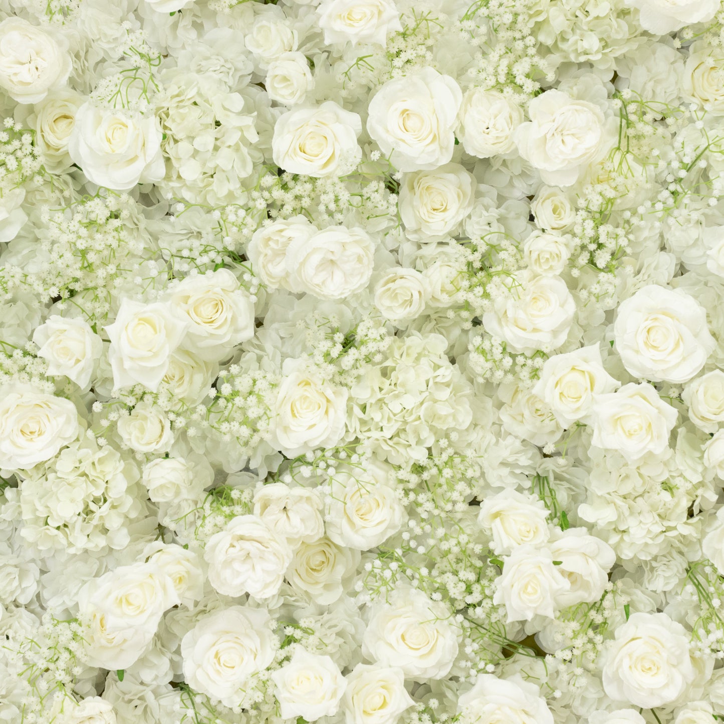 White silk roses and baby's breath floral wall panel backdrop.