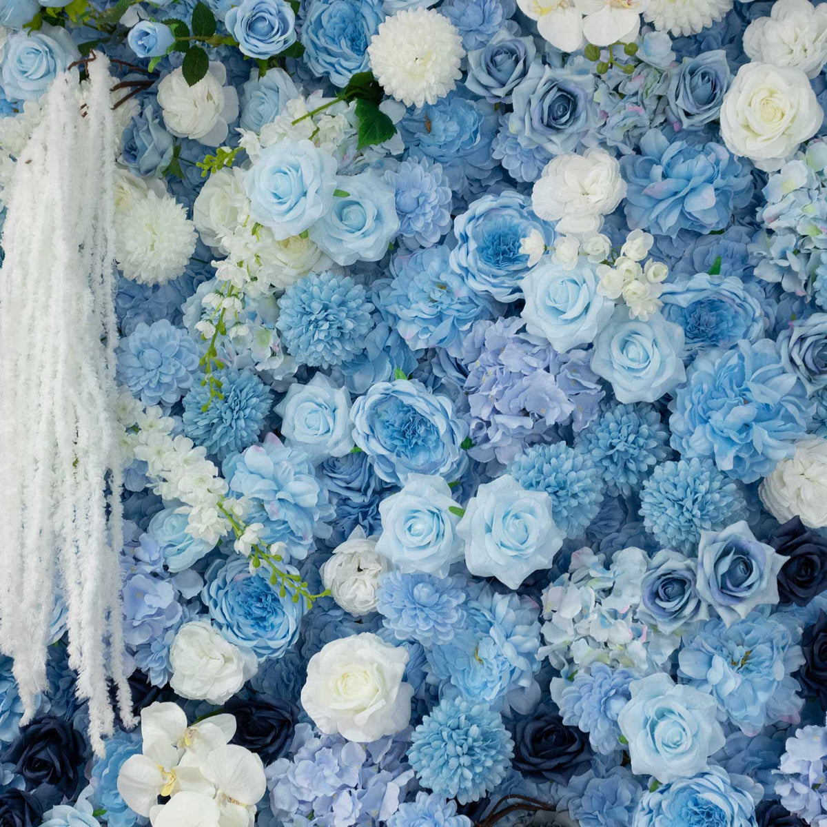 8ft x 4ft Roll Up Flower Wall Panel Backdrop - Mixed Blue & White Silk Roses, Hydrangeas & Chrysanth