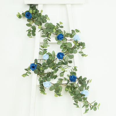 Royal Blue Artificial Eucalyptus Leaf & Rose Flower Garland Vine Royal Blue Artificial Eucalyptus Leaf & Rose Flower Garland Vine