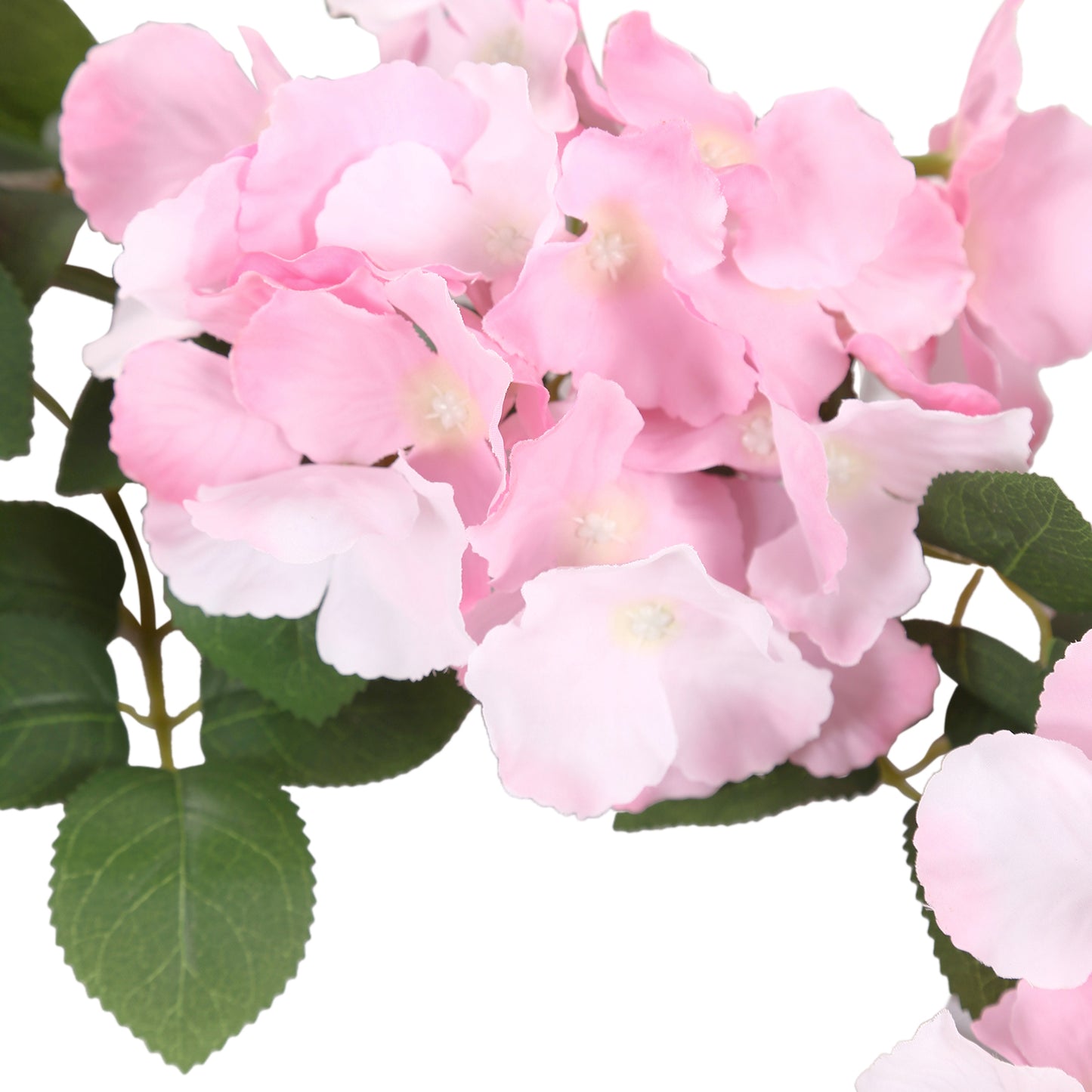 Pink artificial hydrangea garland with green leaves, 5.5ft long.