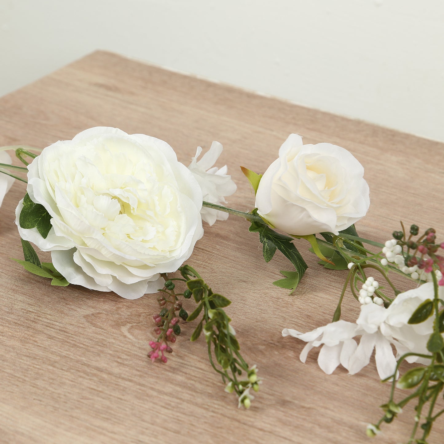6ft white silk rose peony flower garland with mixed greenery.