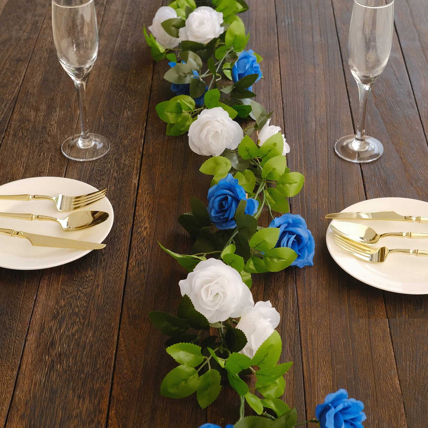 7ft white and royal blue artificial silk flower garland with mini rose vines.