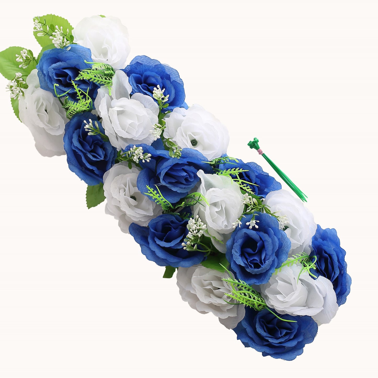 White and royal blue silk rose flower table runner centerpiece.