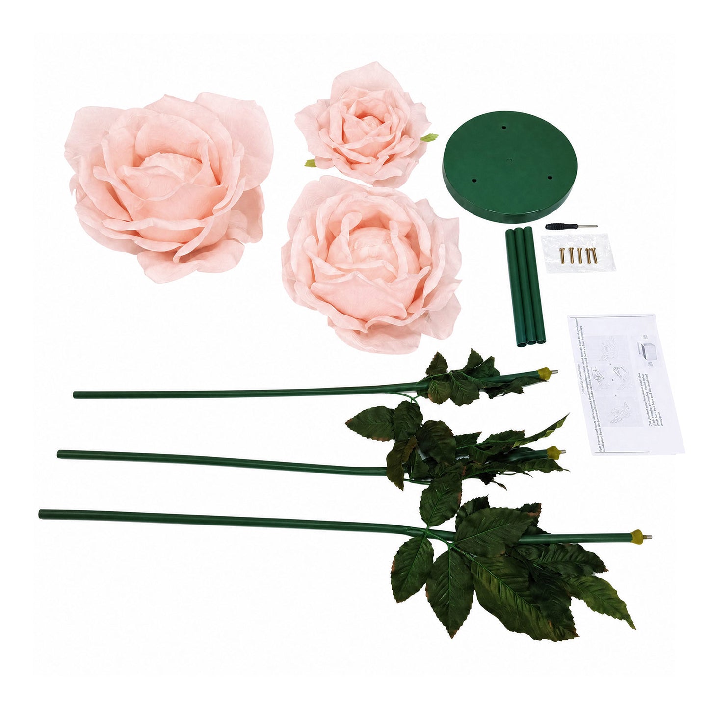 Giant Blush Artificial Rose Set with Base, 3 Standing Faux Flowers 3.75ft-4.5ft Tall for Photo Booth