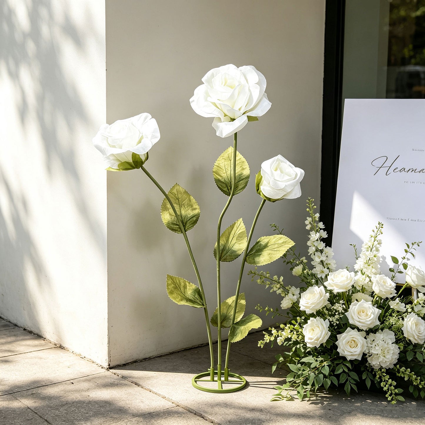 Giant Paper Rose Floor Display Set, 3 Pcs Long Stem Artificial Roses with Metal Base 6.5ft White - F