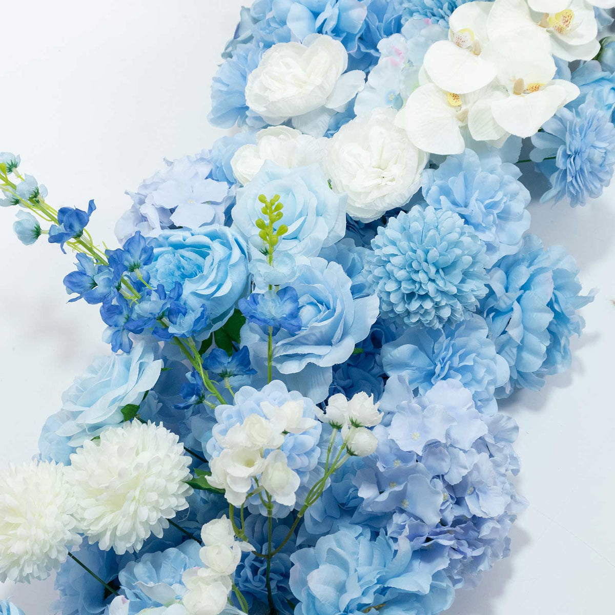 80"x18" Pre-Arranged Silk Flower Runner – Mixed Blue and White Roses, Hydrangeas, Mums & Orchids for
