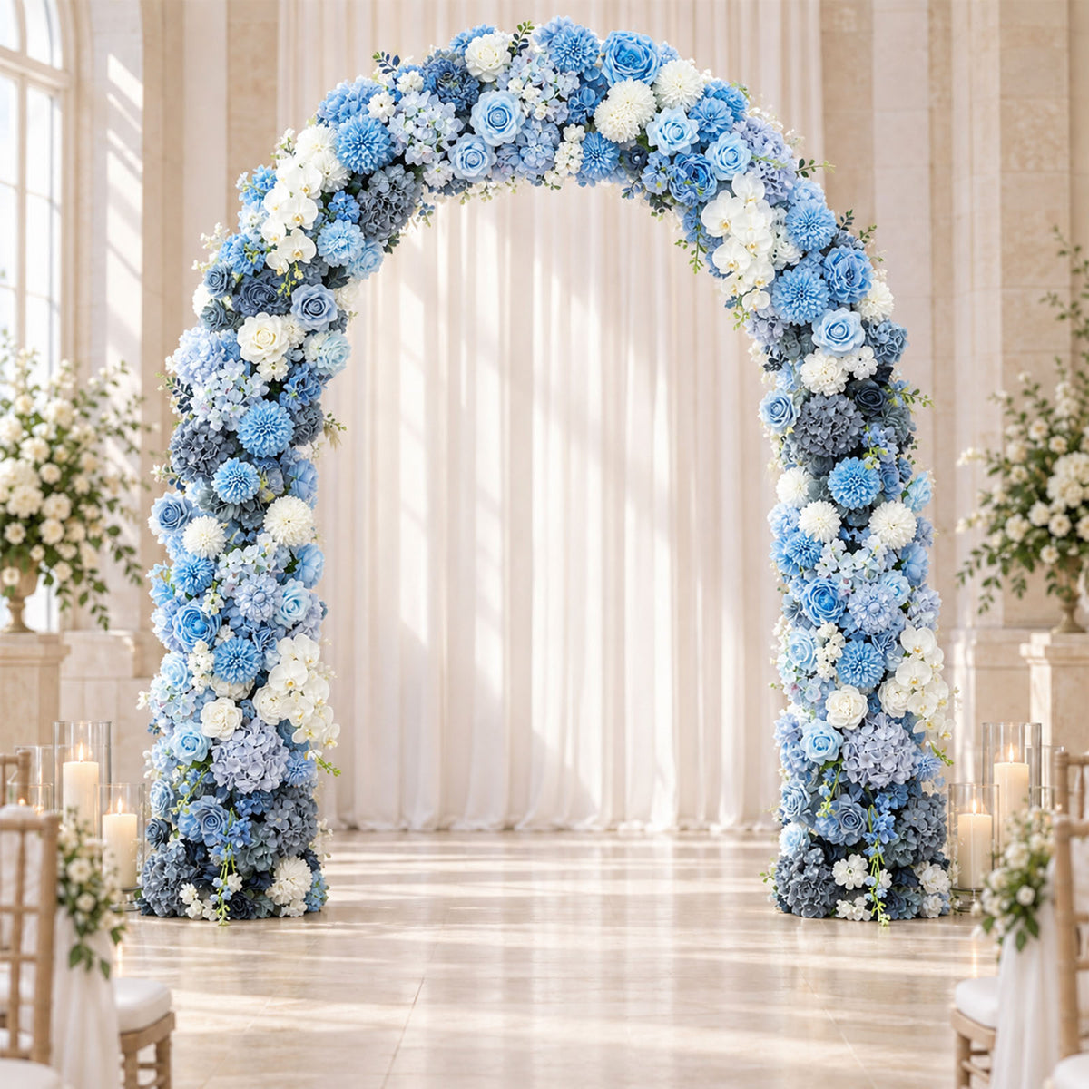 80"x18" Pre-Arranged Silk Flower Runner – Mixed Blue and White Roses, Hydrangeas, Mums & Orchids for