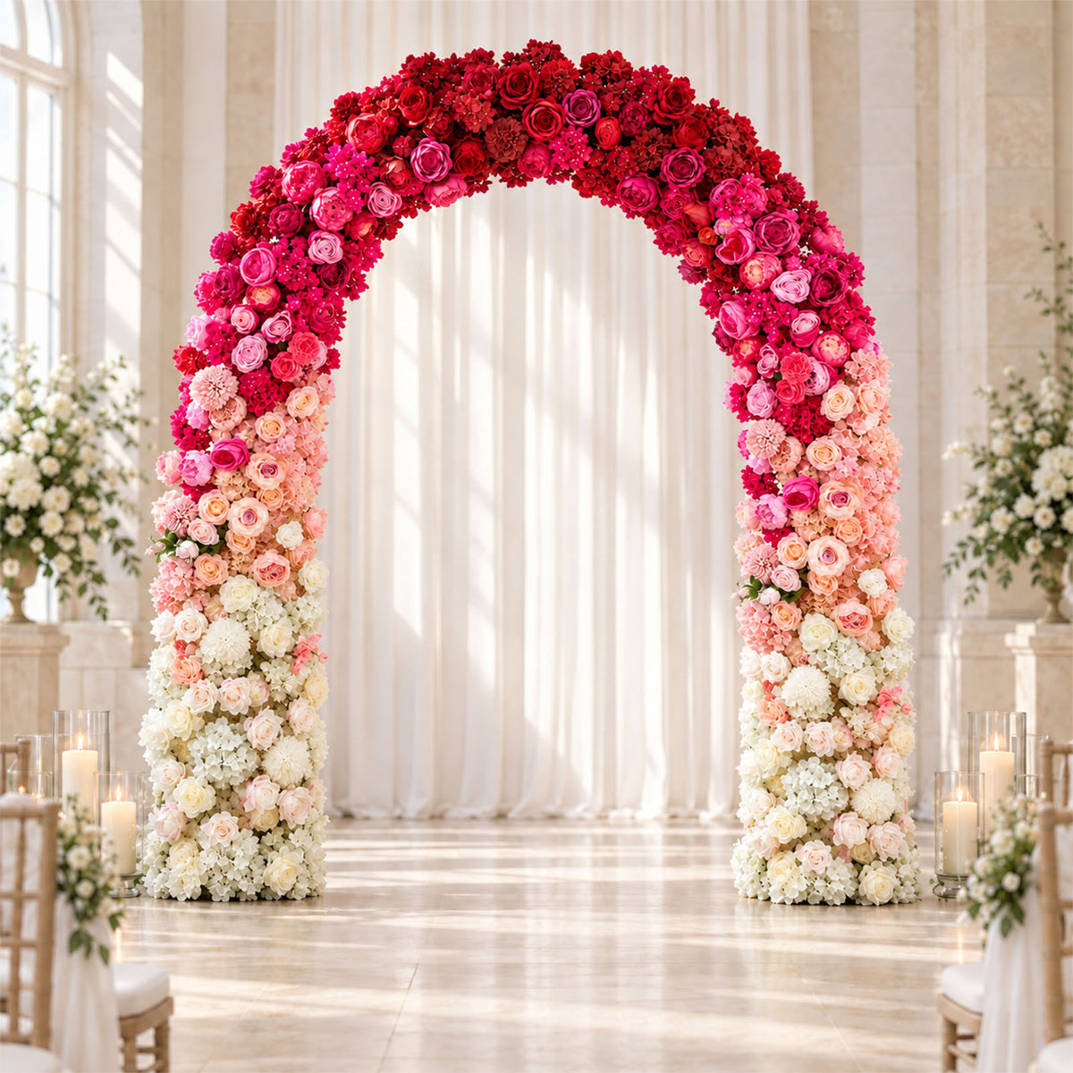 80"x18" Pre-Arranged Silk Flower Runner – White, Pink & Red Gradient Roses, Hydrangeas, Peonies & Ch