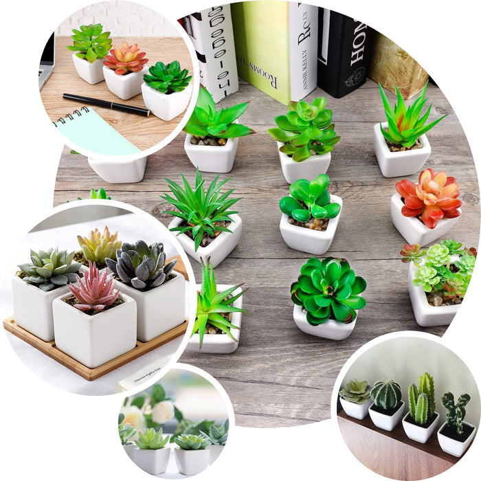 Green artificial crassula succulents in white ceramic planter pots.