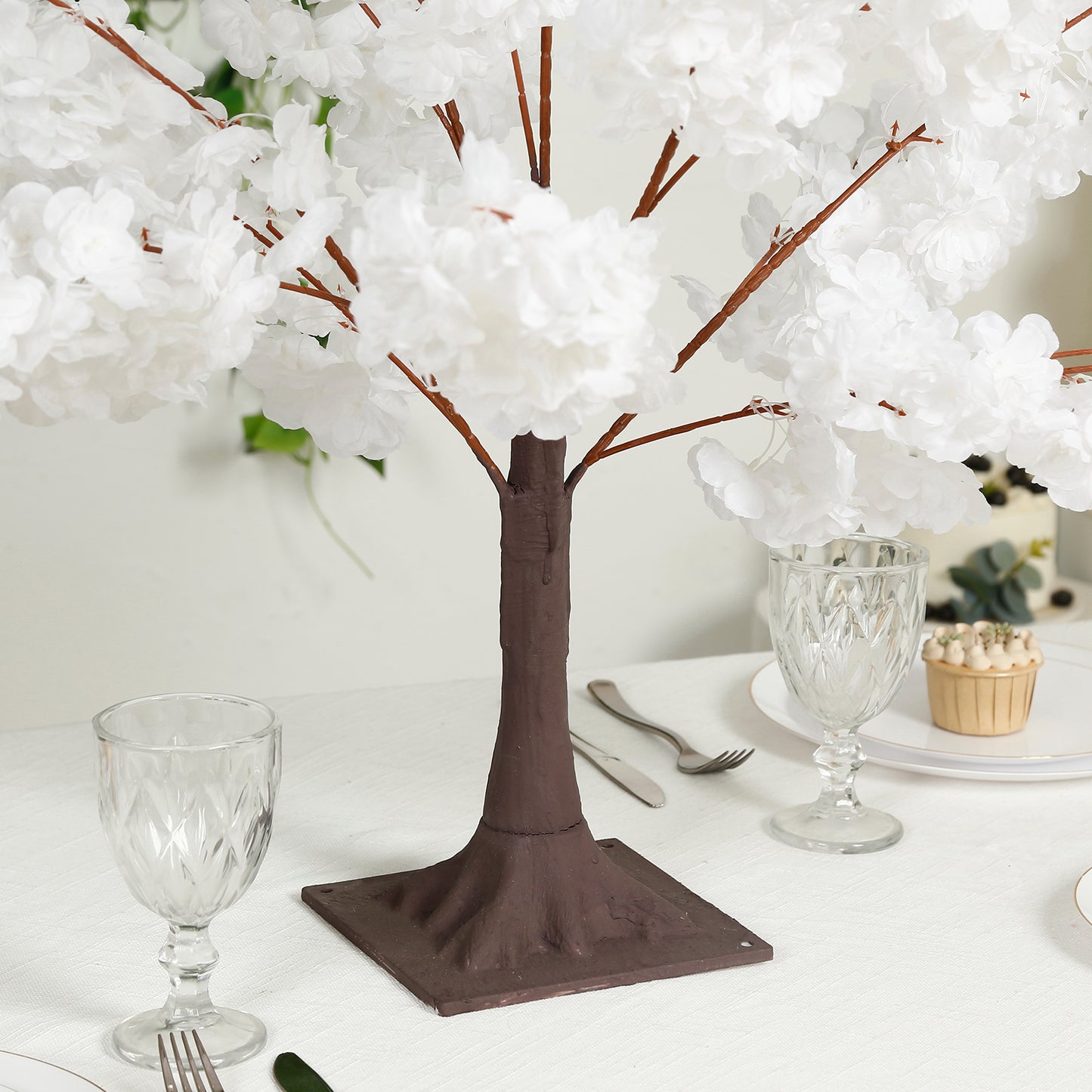 White Silk Cherry Blossom Tree Centerpiece with Metal Base, 3ft tall.