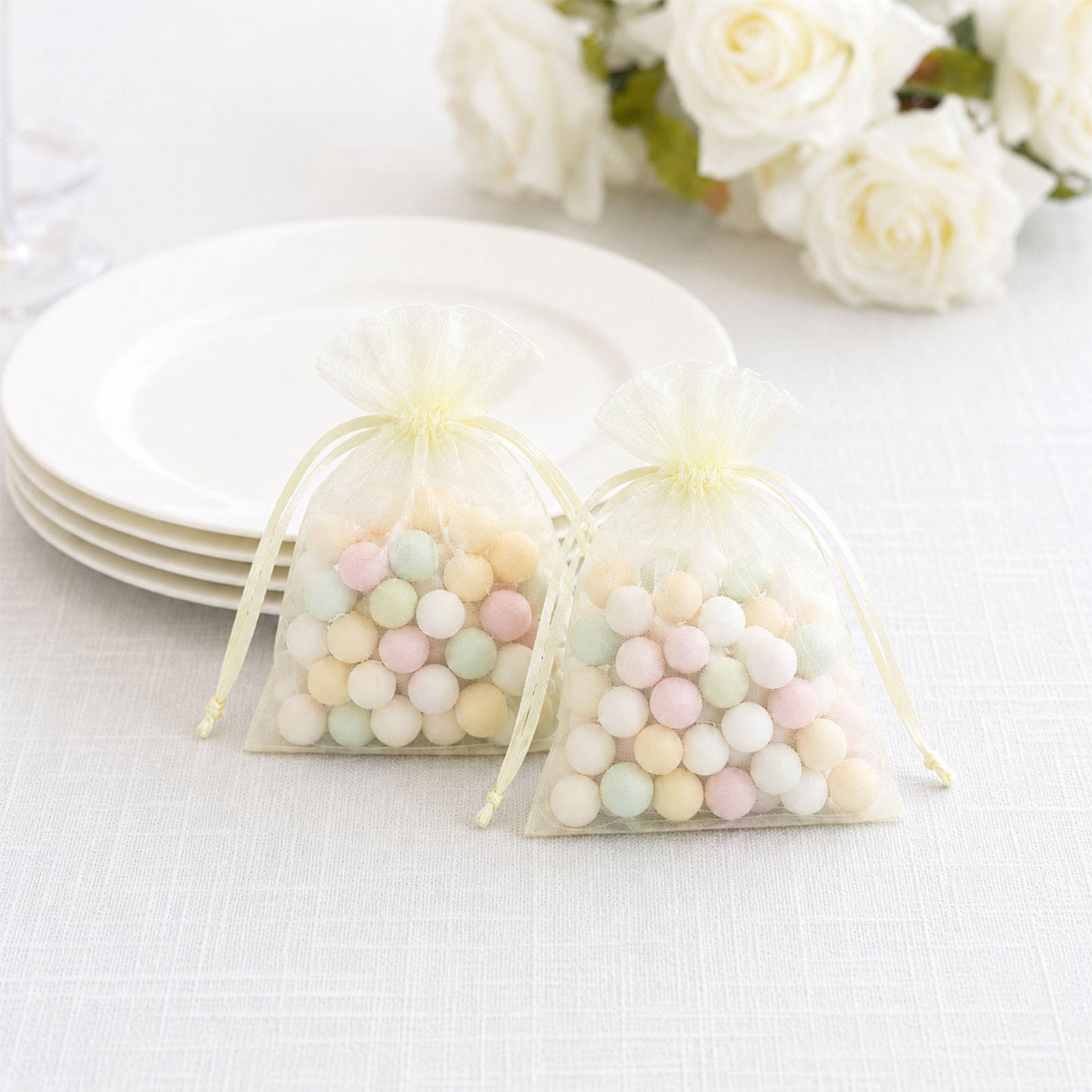 100 Pack Yellow Organza Drawstring Gift Bags 3" x 4" – Wedding Party Favor Bags