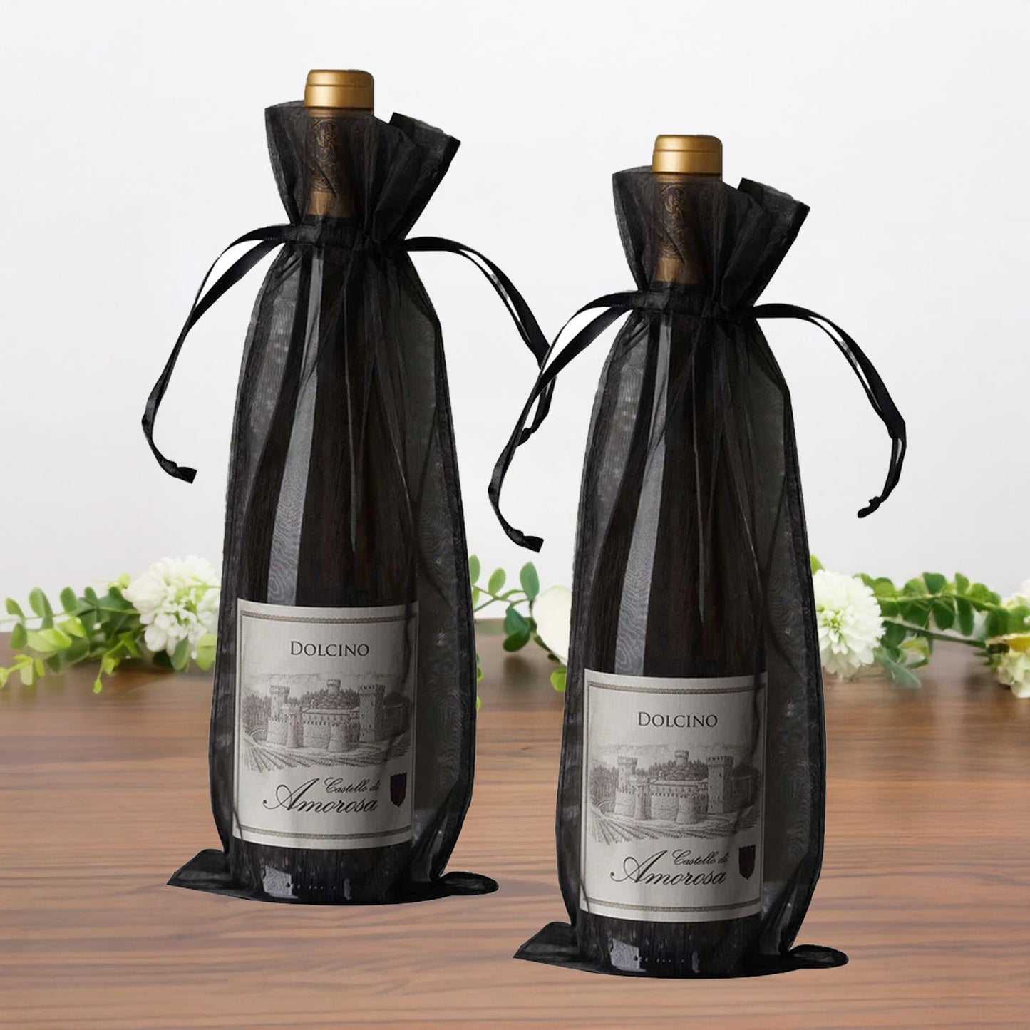 Black organza wine gift bags for wedding party favors.