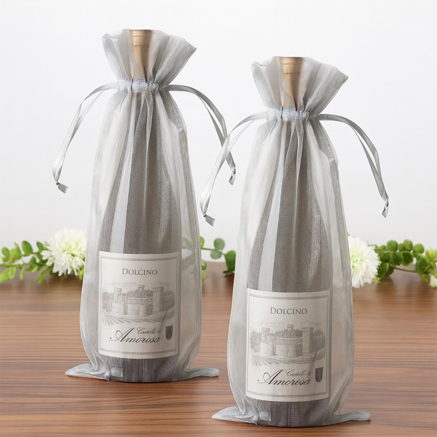 Silver organza wine gift bags for weddings or parties, 100 pack.