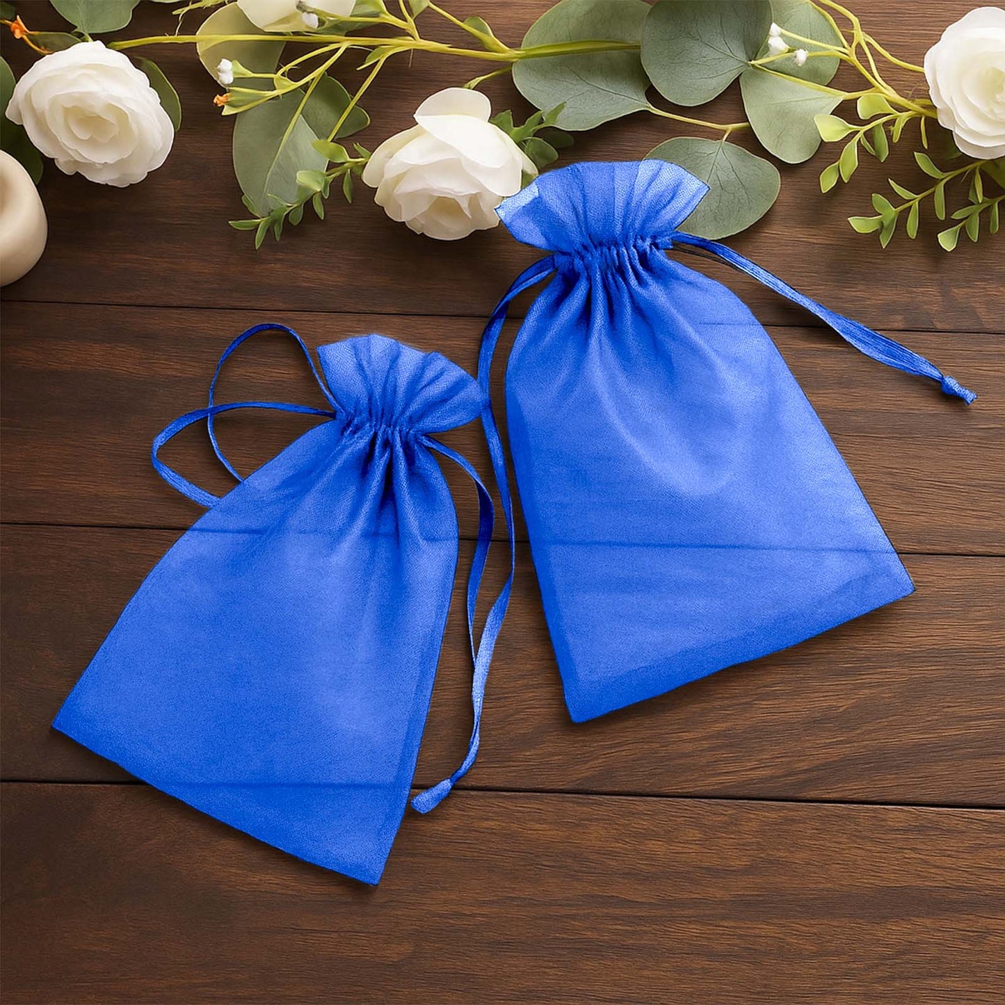 Royal blue organza gift bags with drawstring, pack of 100.