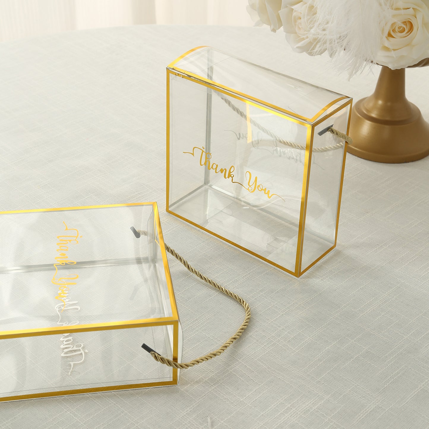 25 Pack Gold Trimmed Clear PVC Gift Boxes with Rope Handles and Thank You Print, Square Transparent Portable Candy Favor Boxes - 8"x8"
