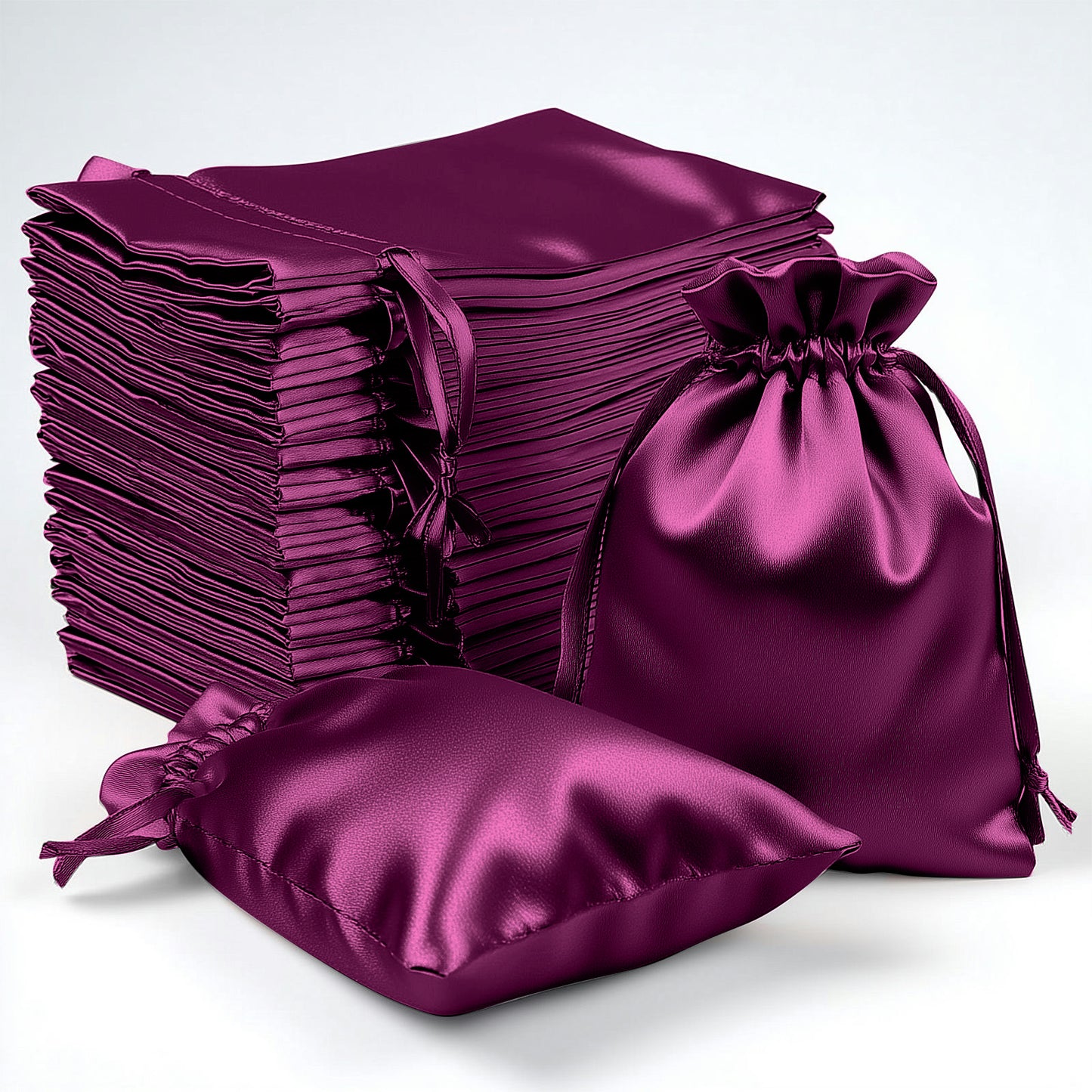 60 pack eggplant satin drawstring pouches for wedding party favors.