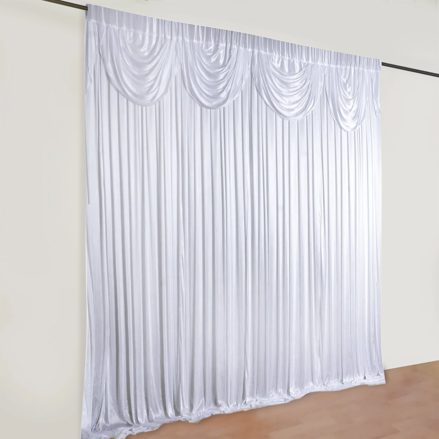 White satin event curtain drapes, glossy backdrop for photo events.