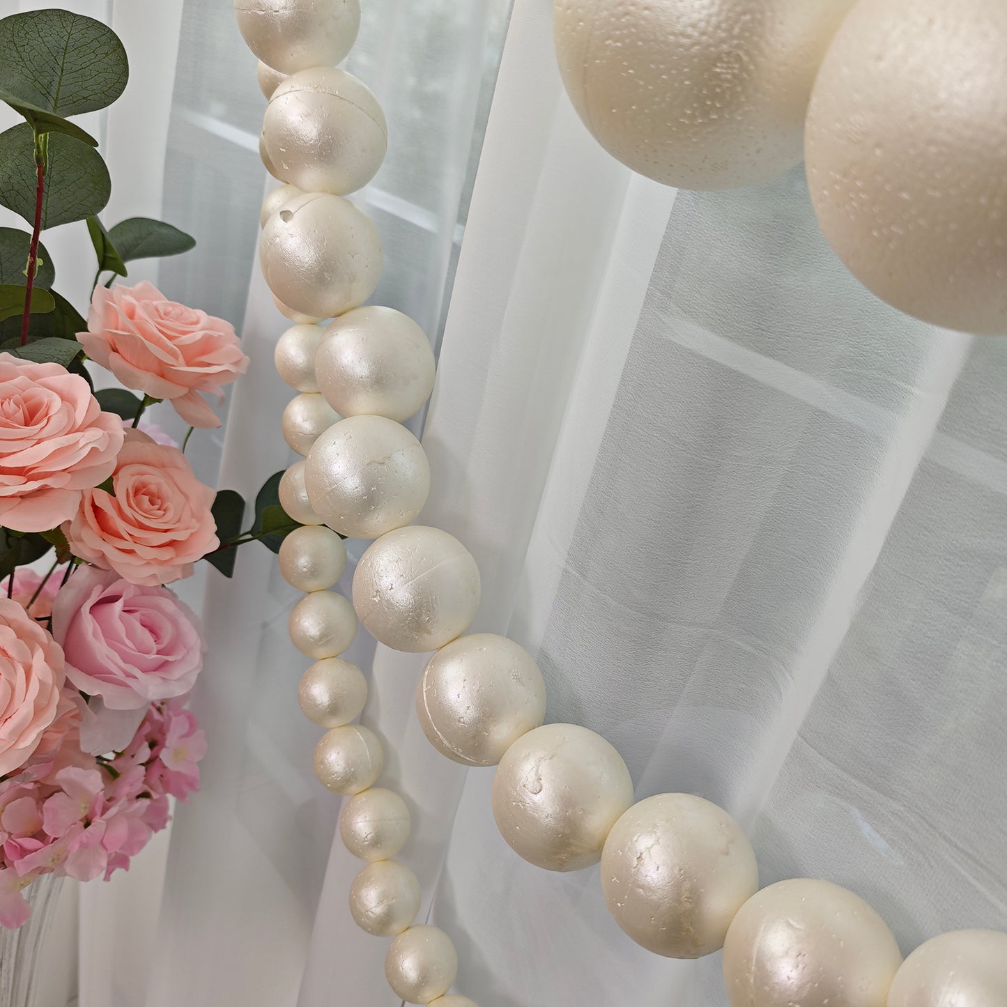 Foam Pearl Garland White 7.5ft Long with 60 Count 1.5" Pearls - Hanging Strand for Backdrop Decor