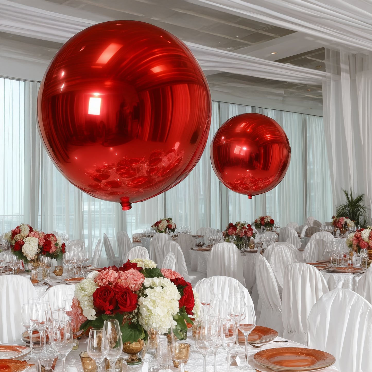 Metallic red sphere balloons for festive party decorations.