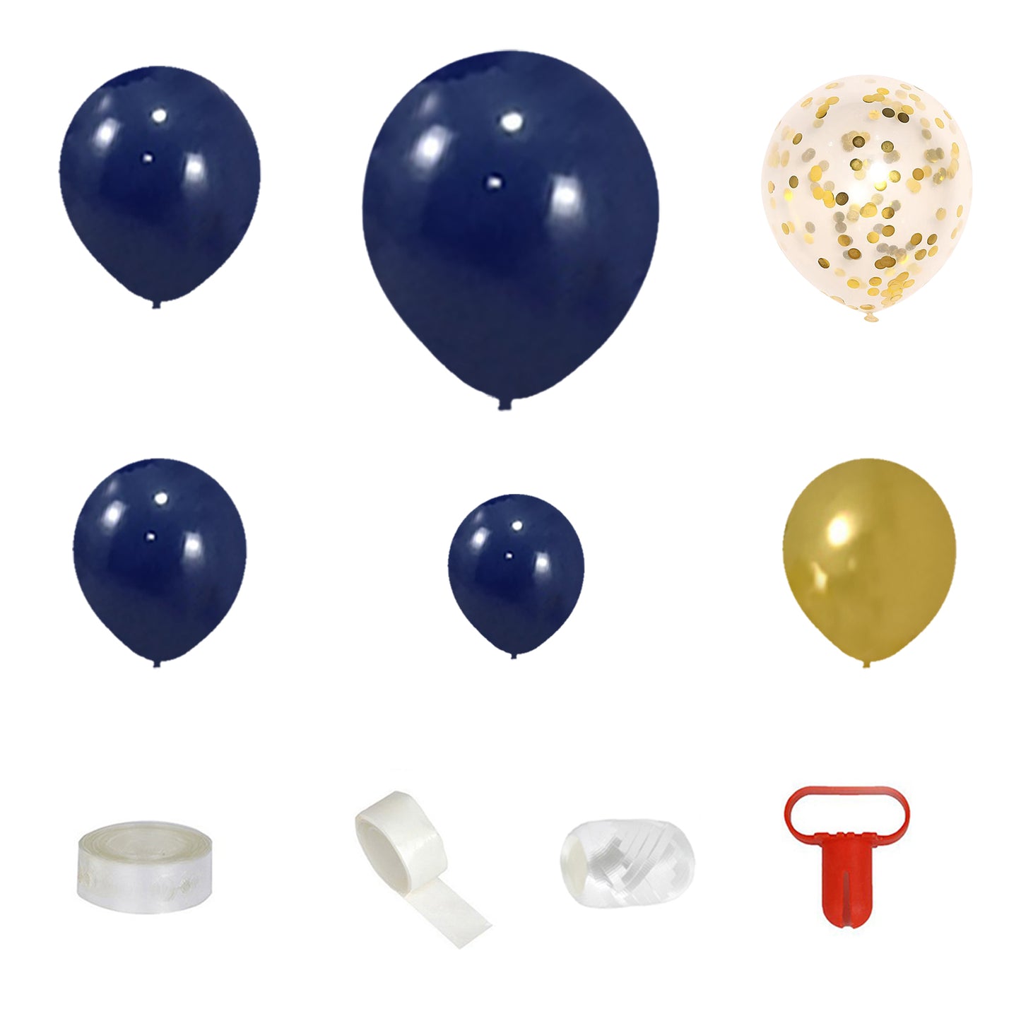 Assorted royal blue and gold latex balloons for party decorations.