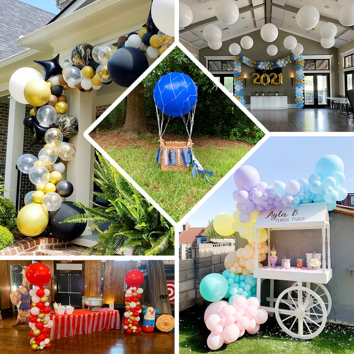 Large matte pastel balloons in soft shades of pink, blue, and yellow.