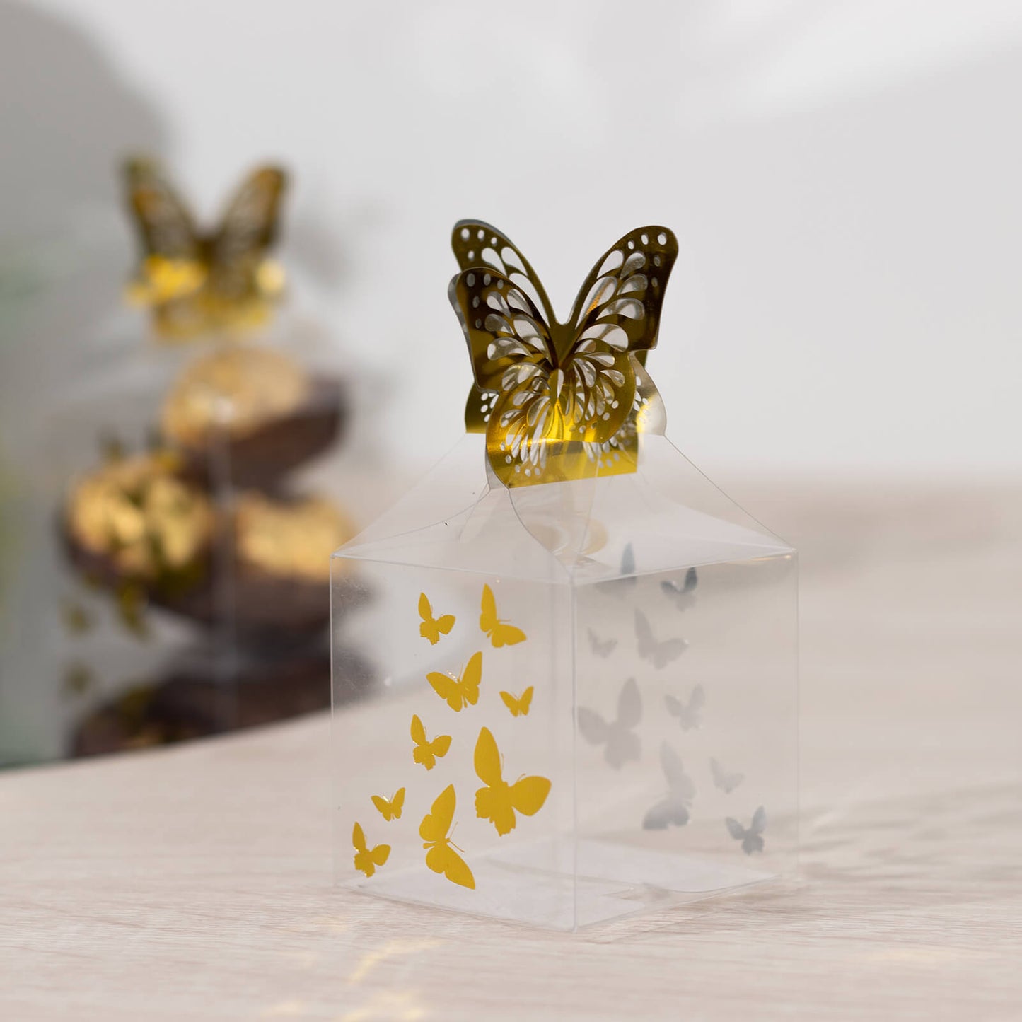 25 Pack Clear Transparent Square Party Favor Boxes with Gold Butterfly Top, Clear Candy Treat Gift Boxes - 2"x2"x4"