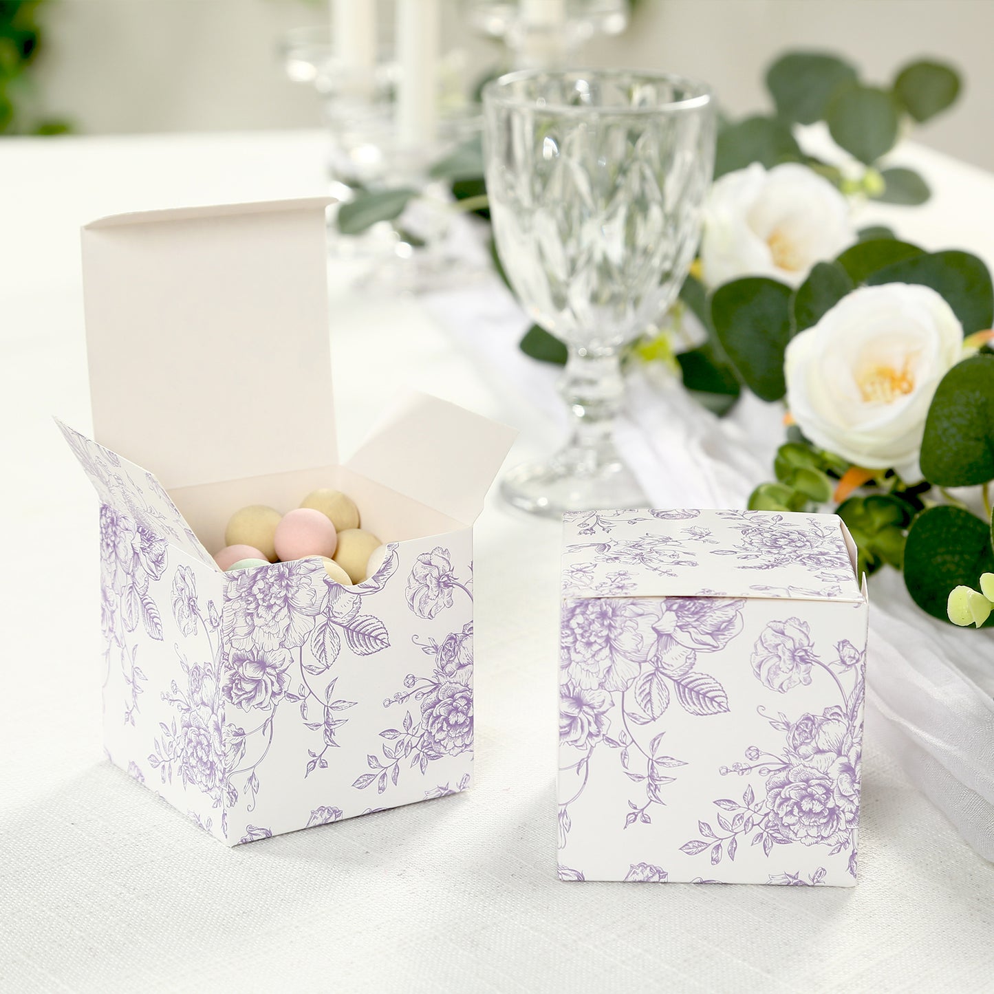 25 Pack Candy Treat Favor Boxes in French Toile Pattern - Matte Lavender and White Party Gift Boxes, Cardstock Paper - 3"x3"