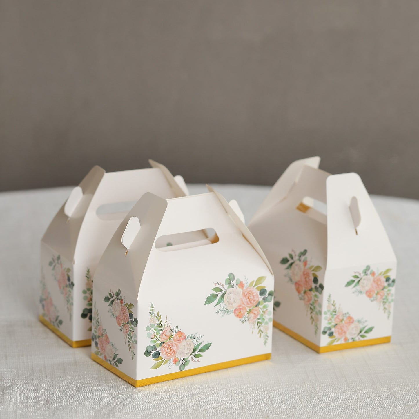 25 Pack White Pink Peony Flowers Print Candy Gift Tote Gable Boxes with Gold Edge, Party Favor Treat Boxes - 6"x3.5"x7"