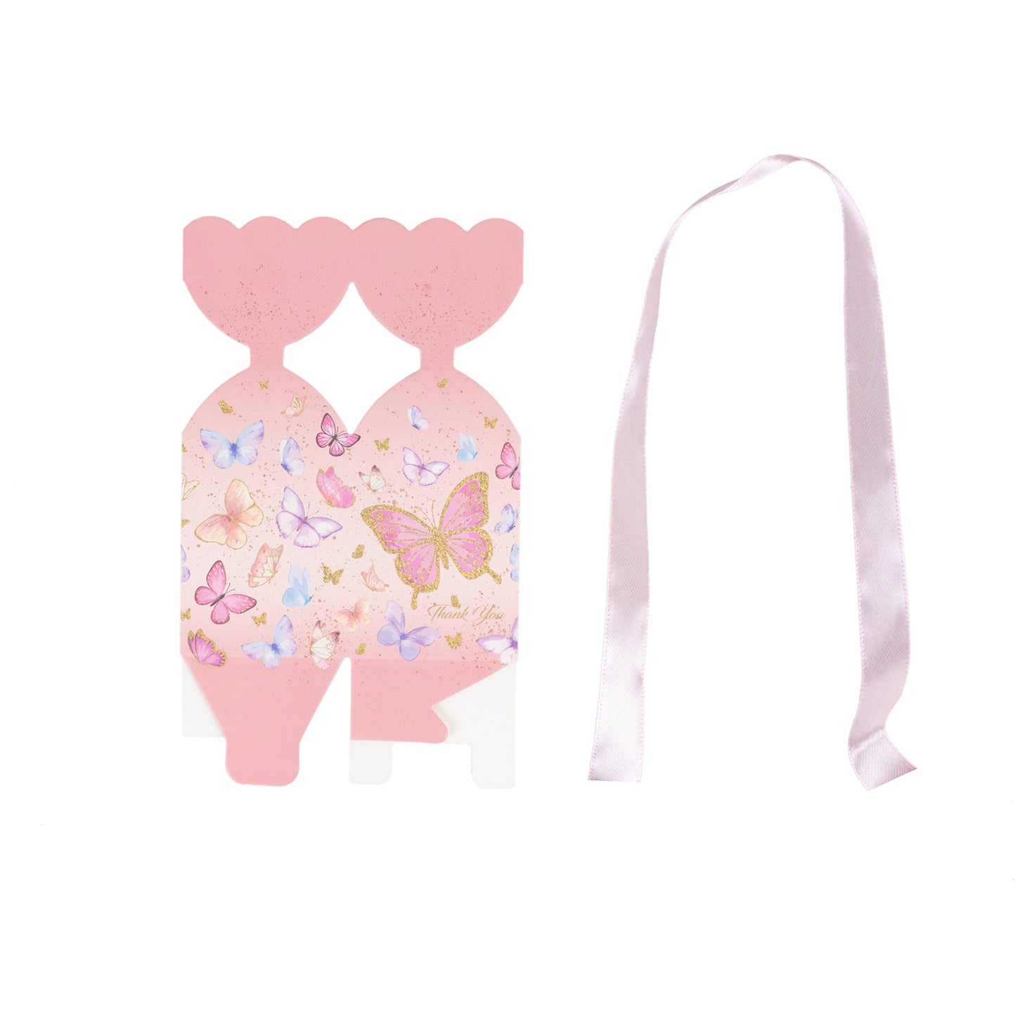 Pink floral candy gift box with butterfly print and satin ribbon.