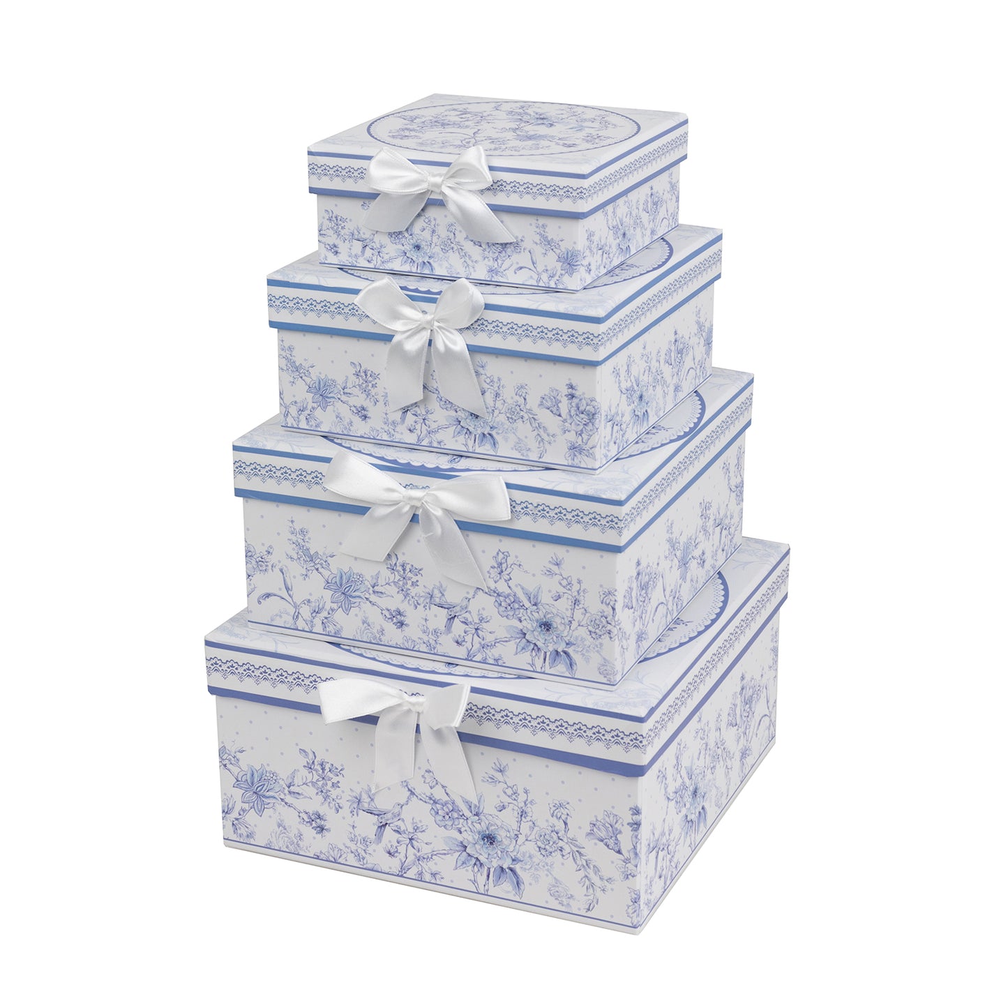 Set of 4 White Blue French Toile Square Nesting Gift Boxes With Lids, Stackable Heavy Duty Cardstock Boxes, Cupcake Dessert Display Stand - 6",7",8",9"