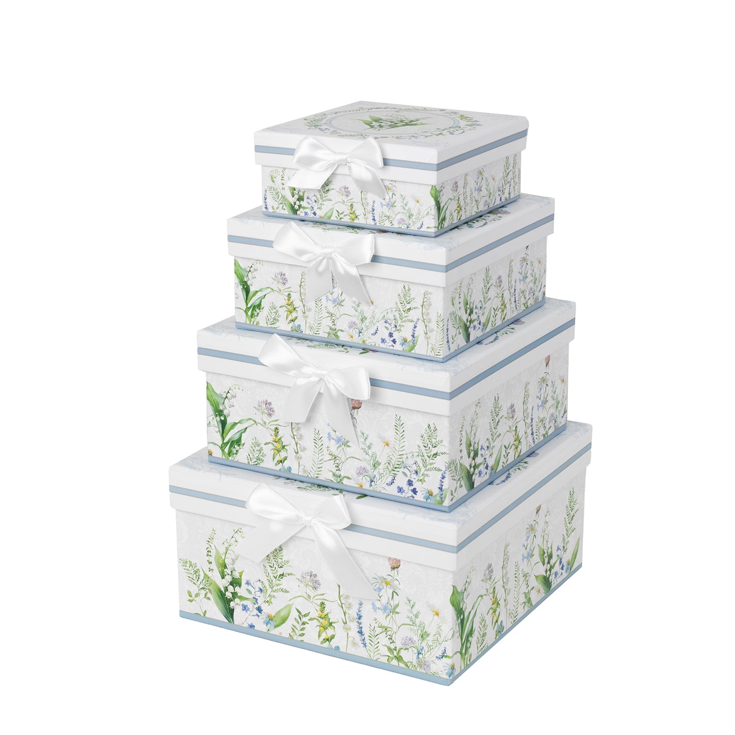 Set of 4 White Green Floral Square Nesting Gift Boxes With Lids, Stackable Heavy Duty Cardstock Boxes, Cupcake Dessert Display Stand - 6",7",8",9"