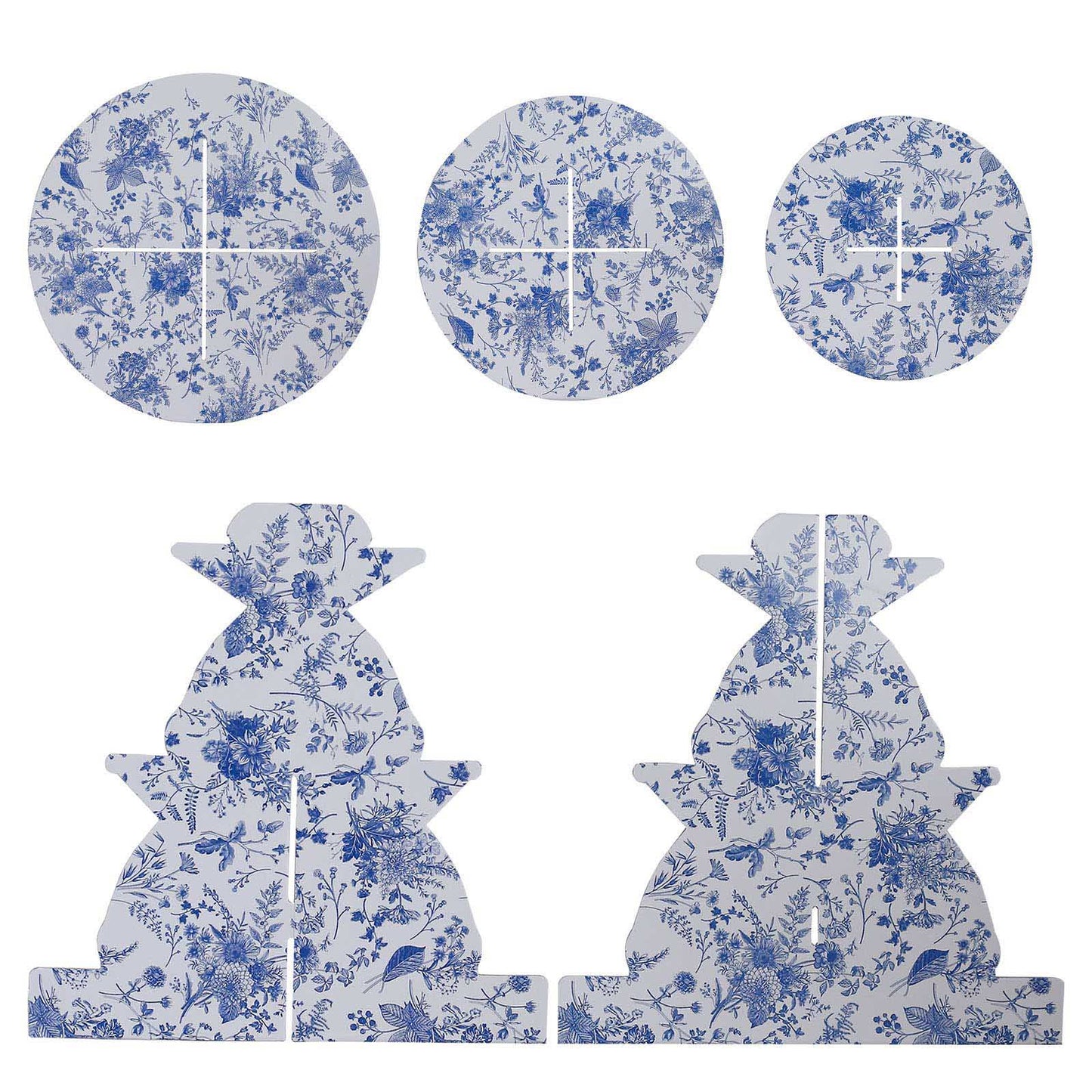 3-Tier White Blue Cardboard Dessert Display Stand with French Toile Floral Pattern, Tea Party Cupcake Stand Round Serving Platter - 11" Tall