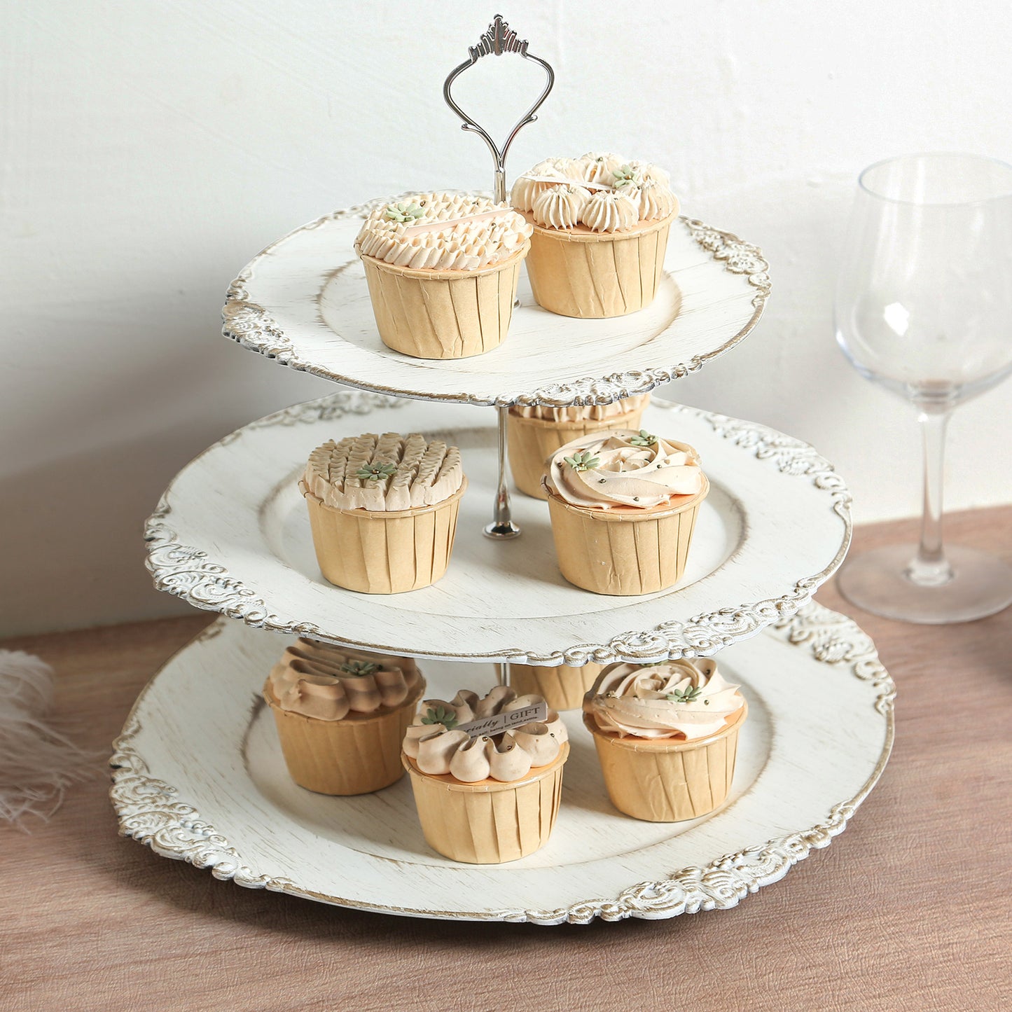 3-Tier Whitewashed Plastic Cupcake Tower Stand with Antique Gold Embossed Baroque Rim, 13" Rustic Round Cake Dessert Holder Display Stand Tiered Serving Tray with Top Handle