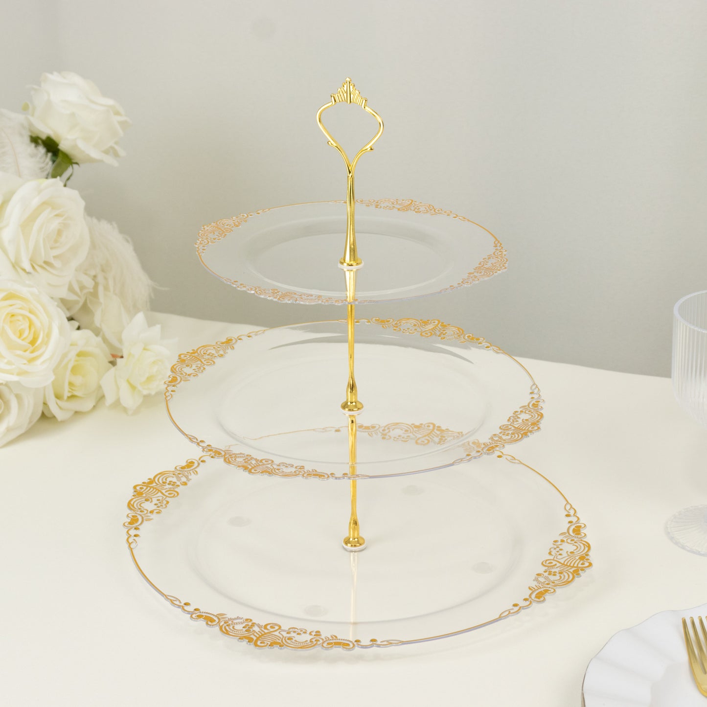 3-Tier Clear Plastic Cupcake Tower Stand with Gold Embossed Baroque Rim, 13" Round Cake Dessert Holder Display Stand Tiered Serving Tray with Top Handle