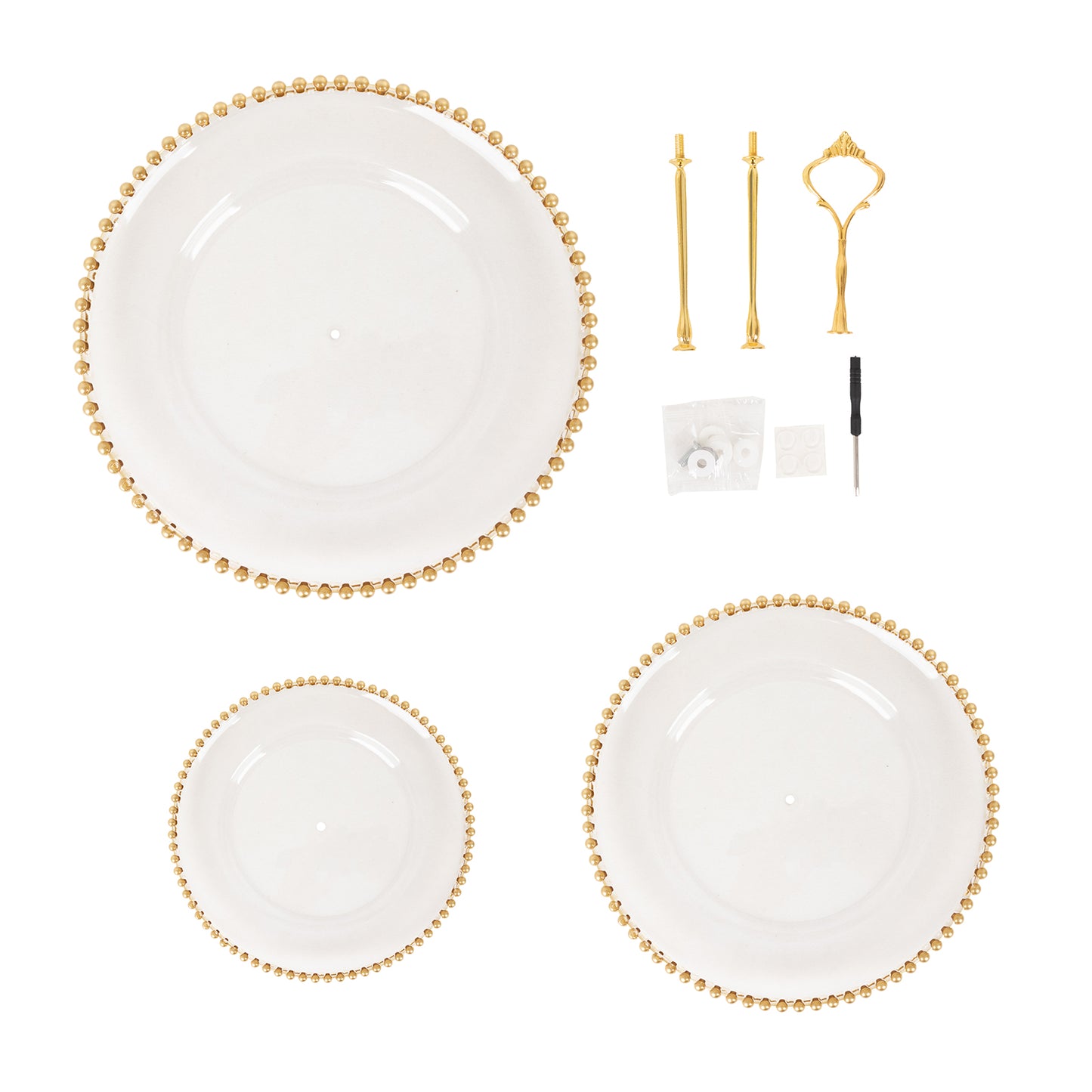 14" Clear 3-Tier Plastic Dessert Display Stand With Gold Beaded Rim, Round Cupcake Tower Tea Party Serving Platter With Top Handle