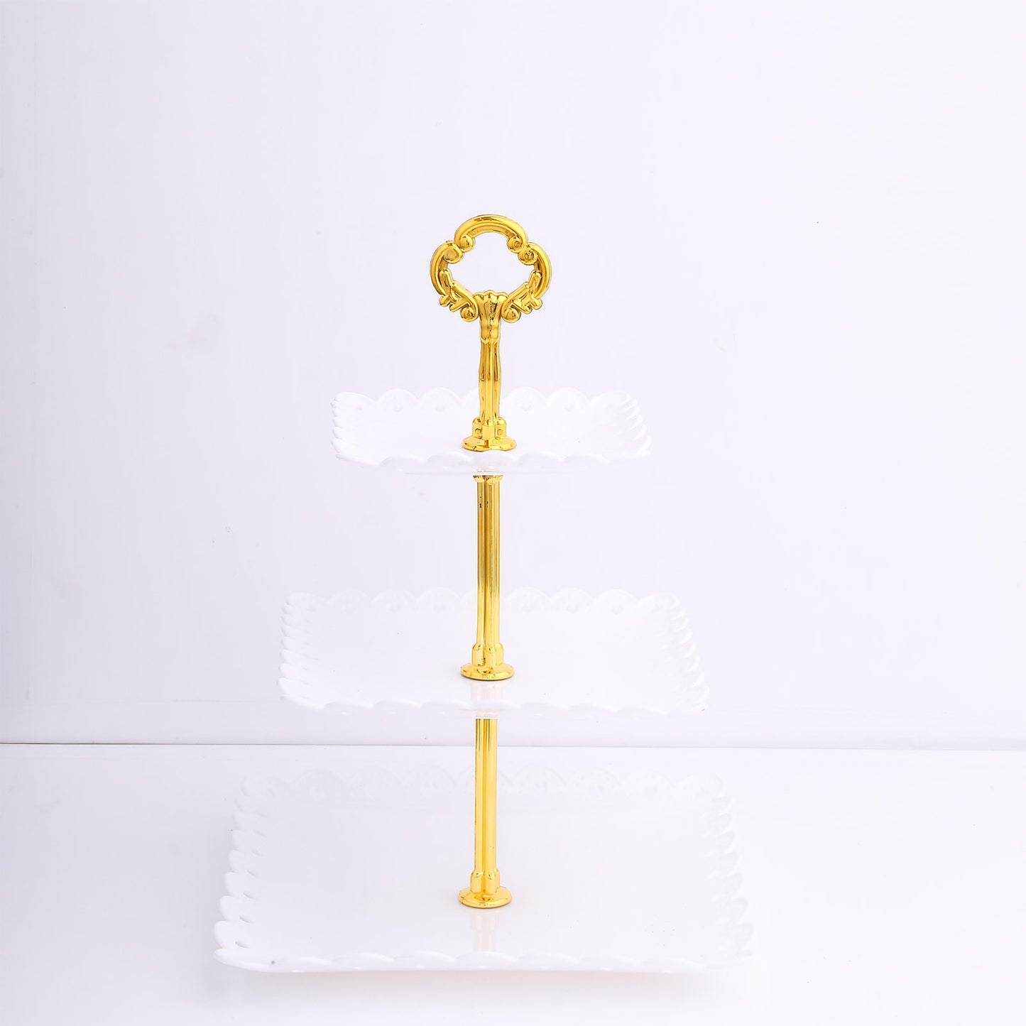 White gold 3-tier cupcake stand with heart wavy edge and top handle.
