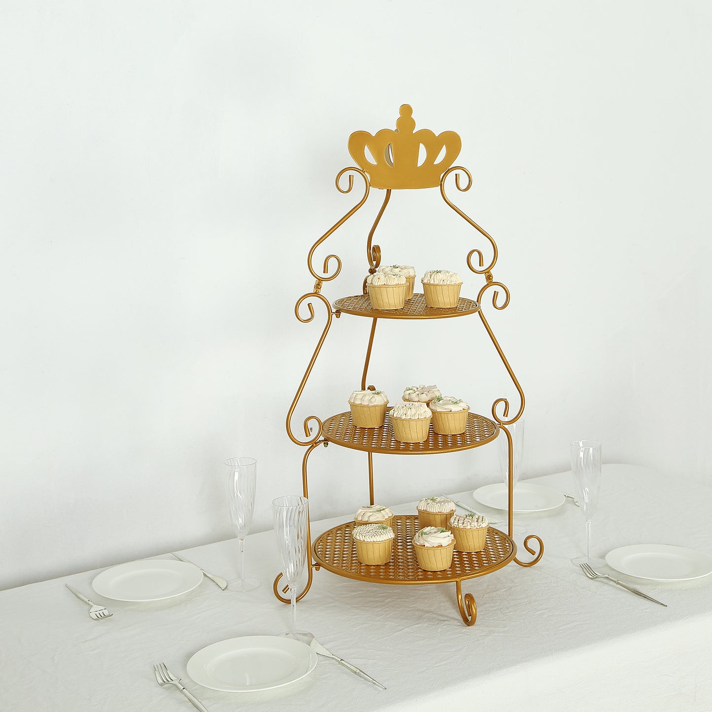 3 Tier Round Gold Metal Cupcake Stand with Crown Top, 32" Tall Dessert Display Cake Stand
