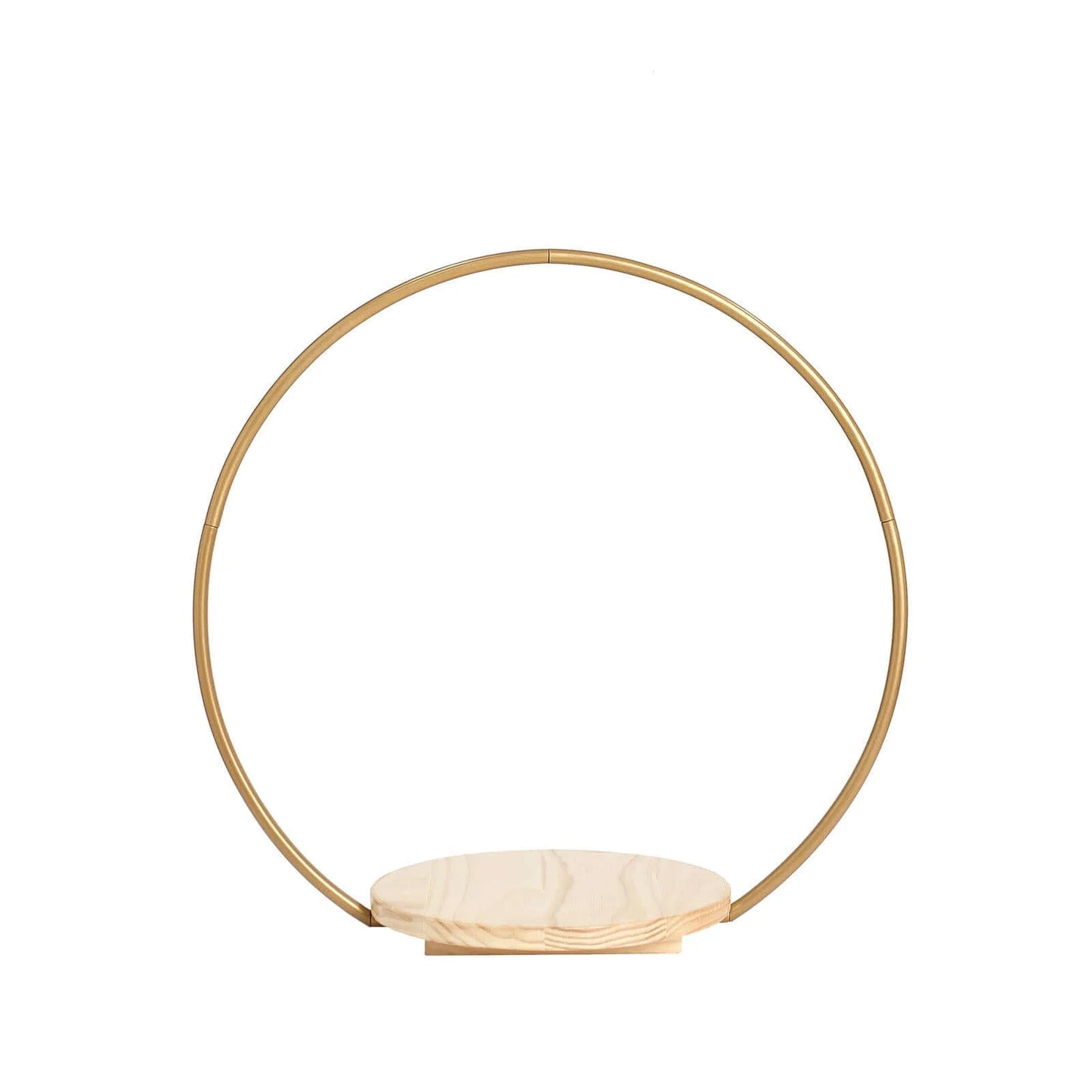 Gold round metal floral hoop cake stand with wooden base. #whtbkgd
