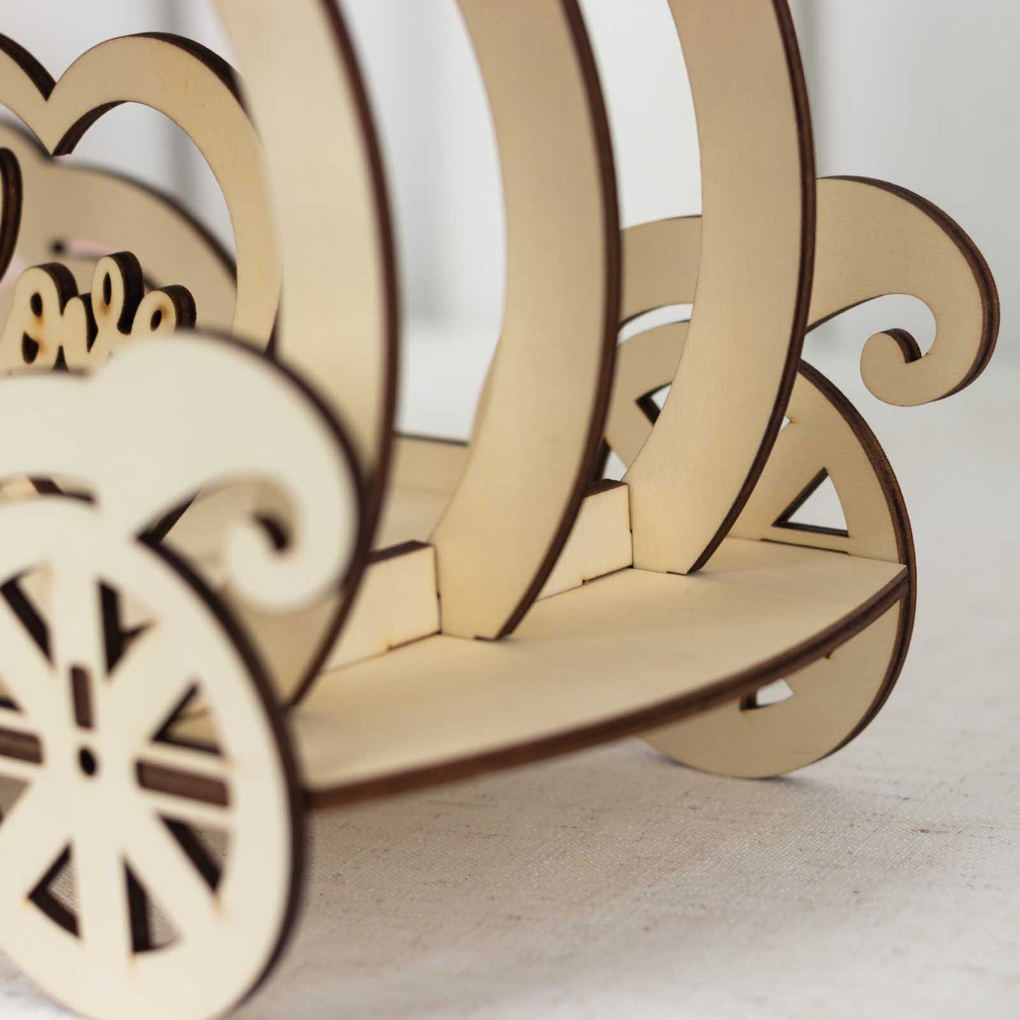 12" Natural Wooden Carriage Cupcake Holder with Round Display Plate, Laser Cut Wedding Cake Stand