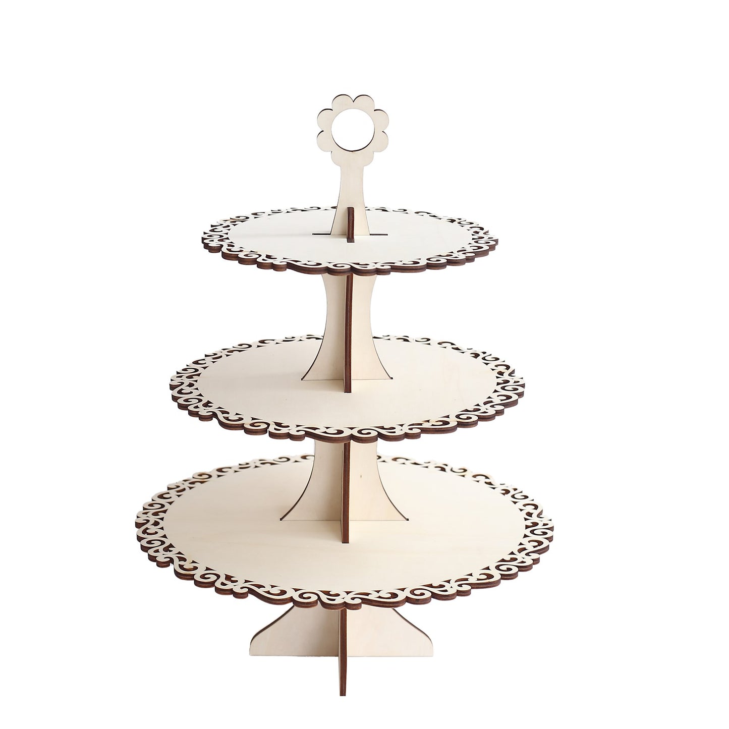3-Tier Natural Wooden Cake Stand Table Centerpiece with Floral Edge, 16" Rustic Round Cupcake Dessert Display Stand