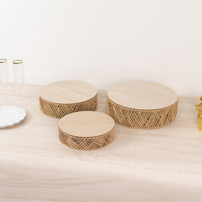 Rustic Natural Jute Rattan Pedestal Cupcake Stands with Top Wooden Plates Rustic Natural Jute Rattan Pedestal Cupcake Stands with Top Wooden Plates