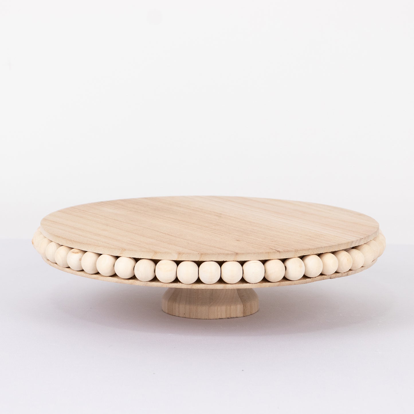 Natural rustic wooden cupcake stand with beaded edge, 12" round display tray.