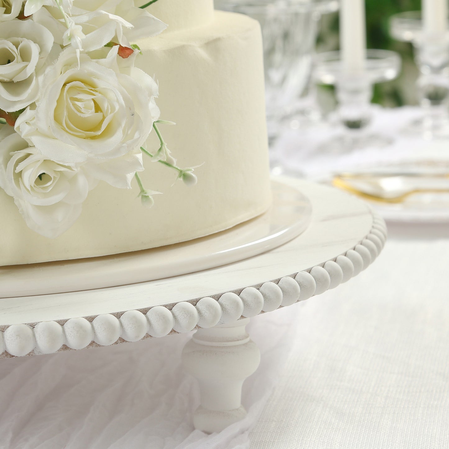 18" Rustic Wooden Cake Stand – Antique White Pedestal with Beaded Edge, Cupcake Display or Wood Slice Tray