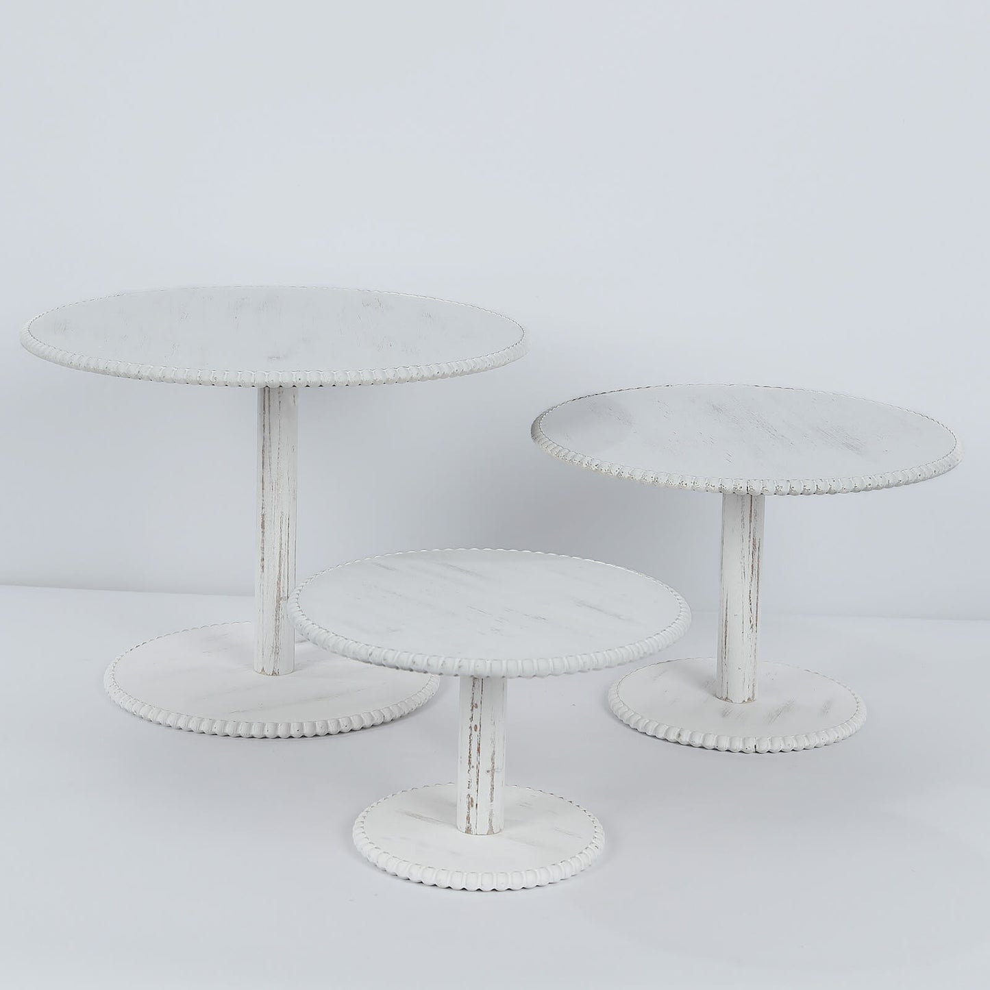 Set of 3 Whitewash Wooden Cupcake Dessert Stands with Round Beaded Rim Trays, Stackable Farmhouse Style Pedestal Cake Stands - 8",10",12"