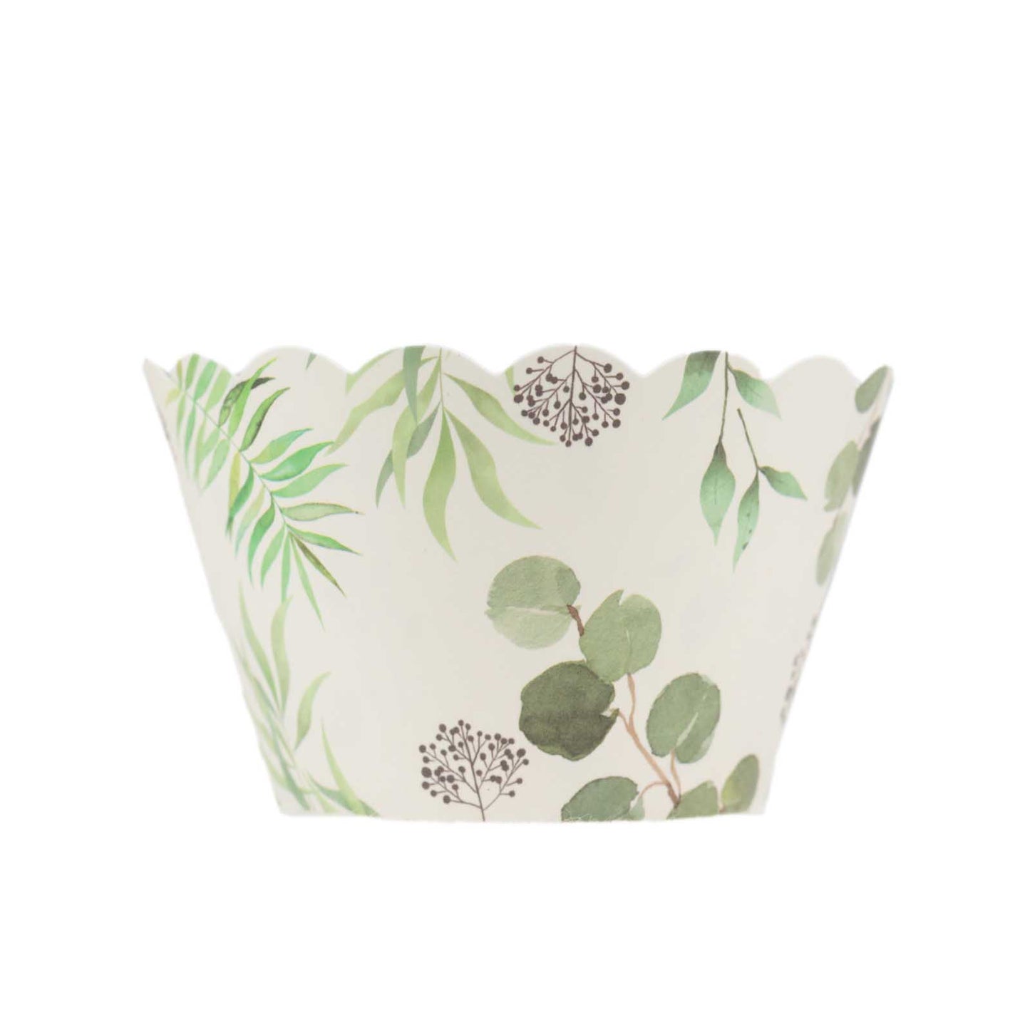 White and green paper truffle cup with eucalyptus leaves print.