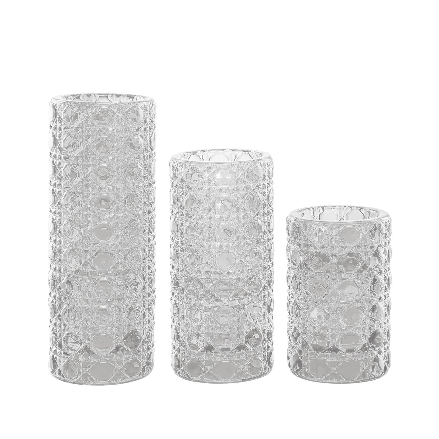 Set of 3 Clear Glass Taper Candle Stick Stand with Gemstone Pattern, Dual Sided Crystal Cylinder Tealight Candle Holders - 3",4",5.5"