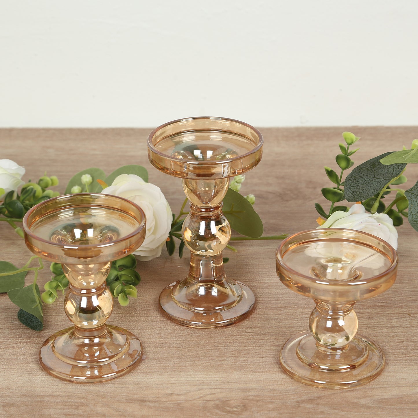 Set of 3 Amber Gold Premium Glass Taper Candle Holders with Round Candle Tray, Crystal Ball Stem Pillar Candlestick Stands Tea Light Holders with Stable Base - 3.5",4.5",5.5"